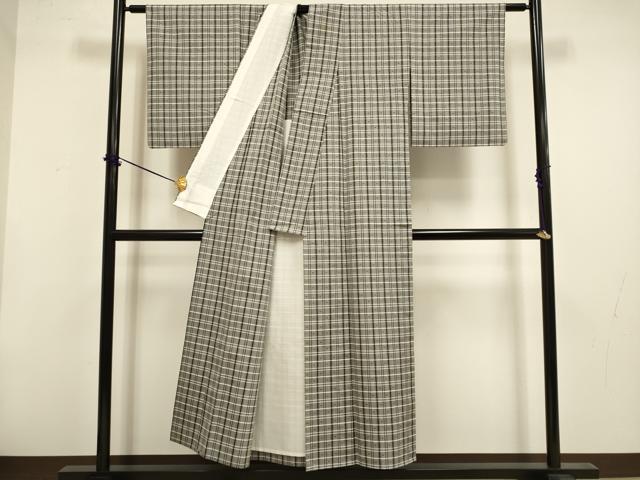 平和屋着物▽上質な紬 単衣 花織 格子 正絹 逸品 DABF5847du