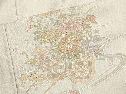 平和屋着物▽中国三大刺繍　スワトウ刺繍　汕頭刺繍　総刺繍　訪問着　単衣　花車文　金糸　正絹　逸品　DABF5848du