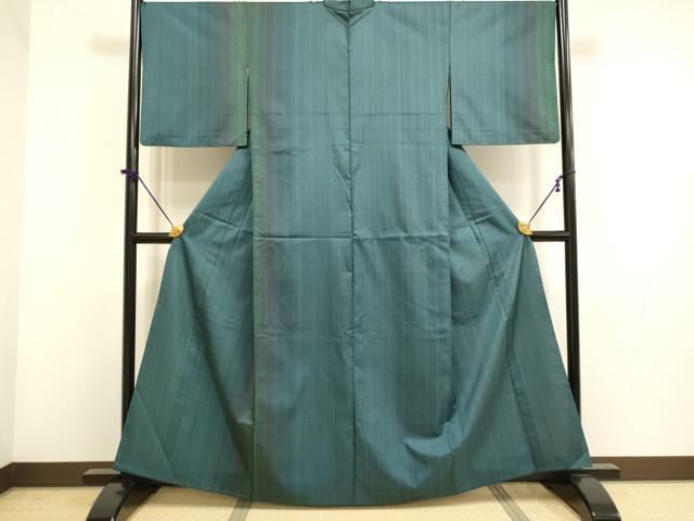 平和屋着物▽本場縞大島紬　訪問着　単衣　間道　正絹　逸品　DABF5856du