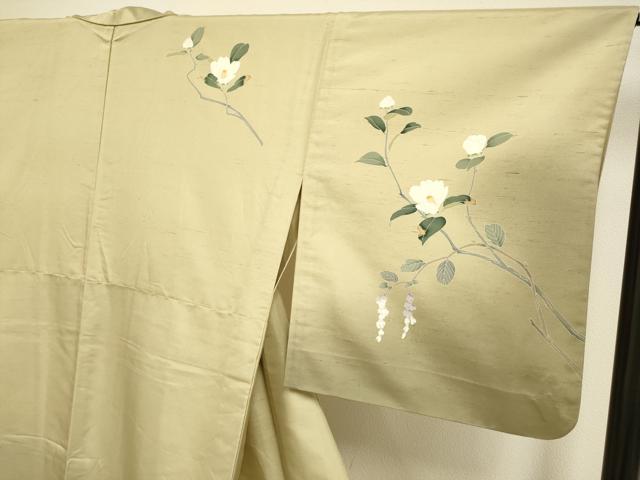 平和屋着物▽訪問着　白山紬　単衣　作家物　草花文　暈し染め　正絹　逸品　DABF5861du