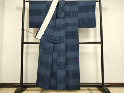 平和屋着物▽上質な紬　単衣　杢目絞り　横段文　正絹　逸品　DABF5863du