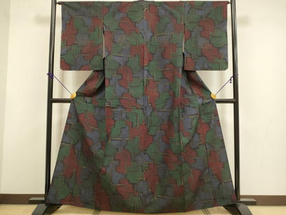 平和屋着物▽結城紬　単衣　幾何学文様　正絹　逸品　DABF5864du
