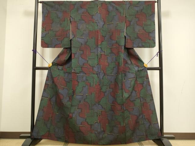 平和屋着物▽結城紬　単衣　幾何学文様　正絹　逸品　DABF5864du