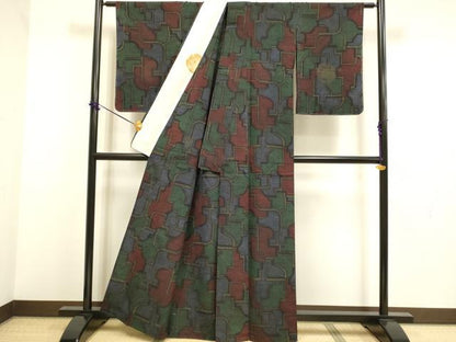平和屋着物▽結城紬　単衣　幾何学文様　正絹　逸品　DABF5864du