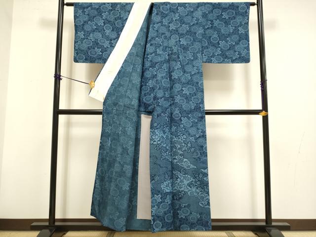 平和屋着物▽阿波藍染　阿波友禅　徳島県無形文化財保持者　香川卓美　訪問着　単衣　紬地　型染め　菊　三越扱い　正絹　逸品　DABF5865du