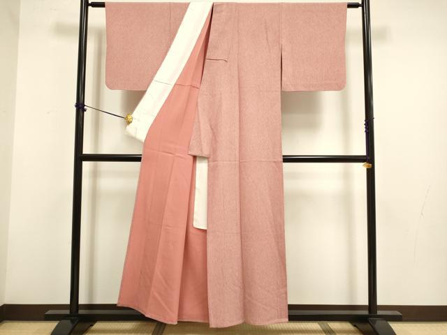 平和屋着物▽江戸小紋　単衣　作家物　竹万筋　浅緋色×素色　正絹　逸品　DABF5869du