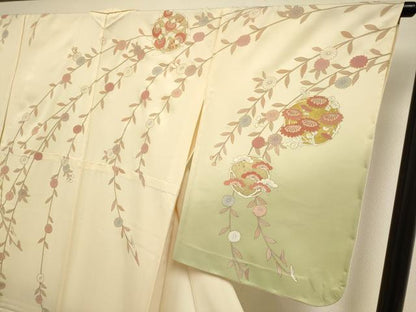 平和屋着物▽訪問着　単衣　枝垂れ花文　暈し染め　金彩　正絹　逸品　DABF5879du