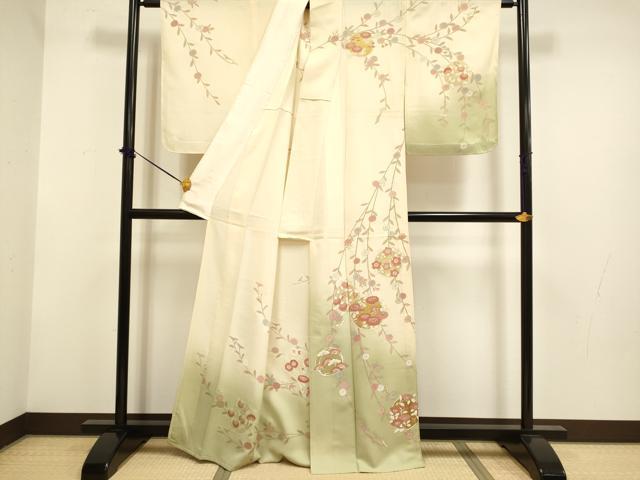 平和屋着物▽訪問着　単衣　枝垂れ花文　暈し染め　金彩　正絹　逸品　DABF5879du