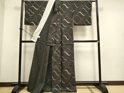 平和屋着物▽小紋　単衣　瓦文　黒地　洗える着物　DABF5881du