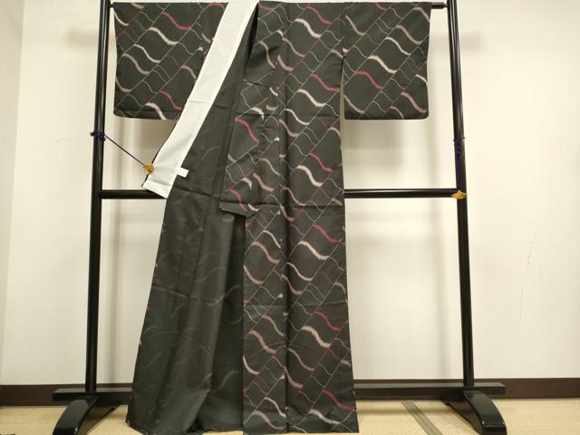 平和屋着物▽小紋　単衣　瓦文　黒地　洗える着物　DABF5881du