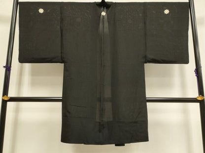 平和屋着物▽男性　長羽織　黒紋付　単衣　絽　黒地　正絹　逸品　DABF5886du