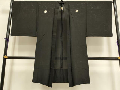 平和屋着物▽男性　長羽織　黒紋付　単衣　絽　黒地　正絹　逸品　DABF5886du