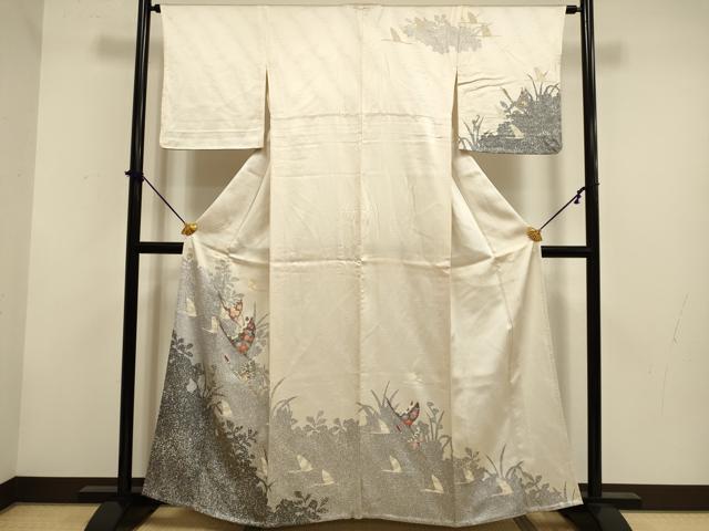 平和屋着物▽訪問着　単衣　飛鶴花文　金銀彩　正絹　逸品　DABF5890du