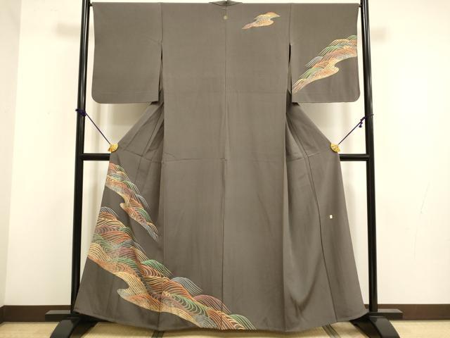 平和屋着物▽十日町老舗ブランド　吉澤友禅　吾妻徳穂　訪問着　単衣　立波文　金彩　正絹　逸品　DABF5898du