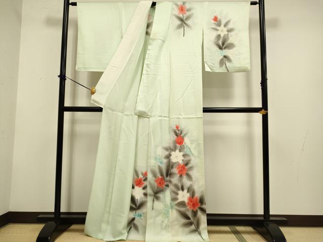 平和屋着物▽訪問着　単衣　手描き　草花文　暈し染め　正絹　逸品　DABF5899du