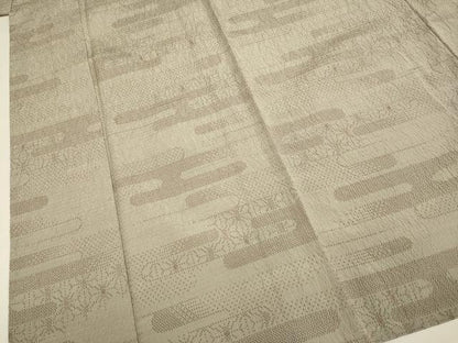 平和屋着物▽上質なお召　単衣　エ霞麻の葉文様　正絹　逸品　DABF5912du