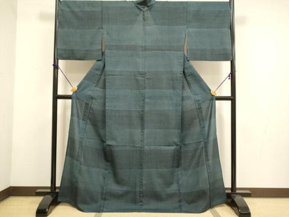 平和屋着物▽上質な紬　単衣　格子　正絹　逸品　DABF5918du