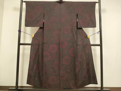 平和屋着物▽上質なお召　単衣　向日葵　黒地　正絹　逸品　DABF5923du