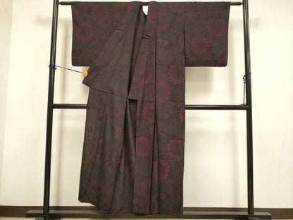 平和屋着物▽上質なお召　単衣　向日葵　黒地　正絹　逸品　DABF5923du