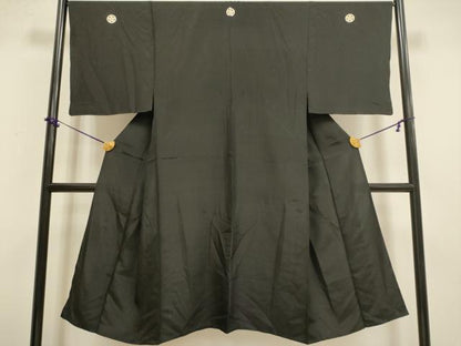 平和屋着物▽男性　黒紋付　単衣　正絹　逸品　DABF5930du