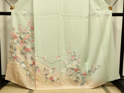 平和屋着物▽訪問着　単衣　枝花文　暈し染め　金彩　正絹　逸品　DABF5941du