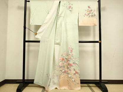 平和屋着物▽訪問着　単衣　枝花文　暈し染め　金彩　正絹　逸品　DABF5941du