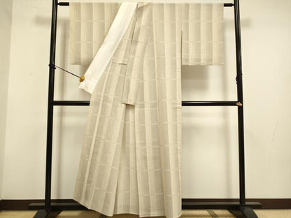 平和屋着物▽本塩沢　単衣　110亀甲　格子　証紙付き　正絹　逸品　DABF5942du