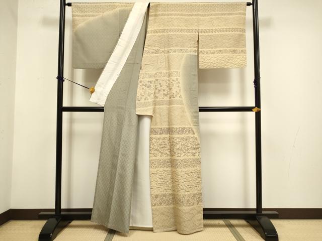 平和屋着物▽インド・アッサム 野蚕糸 手織 ムガシルク ゴールデンムガ 訪問着 単衣 花織 横段花文 証紙付き 正絹 逸品 DABF5948du