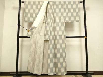平和屋着物▽上質な小紋　単衣　変わり市松文　花唐草地紋　正絹　逸品　DABF5949du