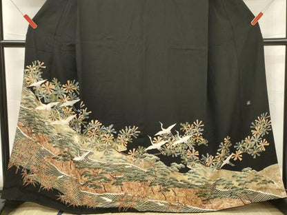 平和屋着物■豪華黒留袖　作家物　駒刺繍　飛鶴松文　金彩　鈴乃屋扱い　正絹　逸品　DABF6039zy