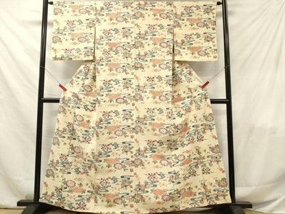 平和屋着物■上質な小紋　紬地　型染め　流水草花文　正絹　逸品　DABF6040zy