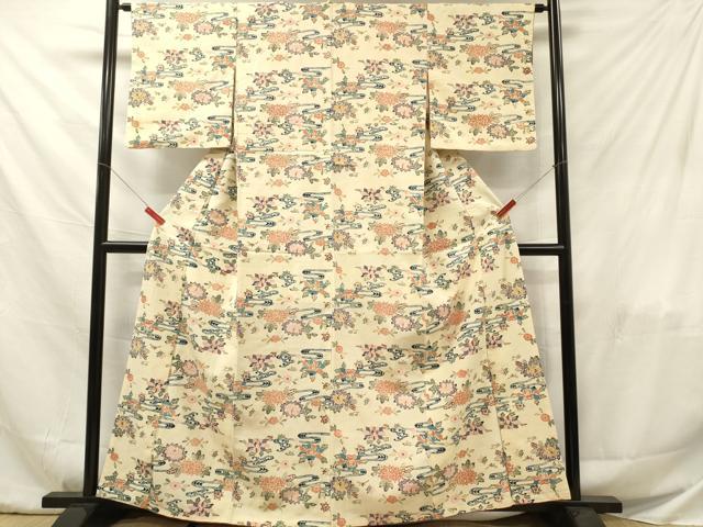 平和屋着物■上質な小紋　紬地　型染め　流水草花文　正絹　逸品　DABF6040zy