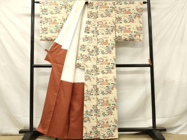 平和屋着物■上質な小紋　紬地　型染め　流水草花文　正絹　逸品　DABF6040zy