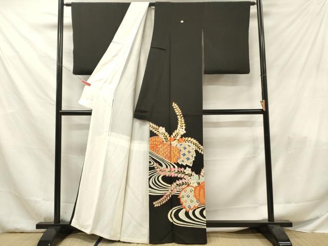 平和屋着物■豪華黒留袖　駒刺繍　草花文　金彩　正絹　逸品　DABF6060zy