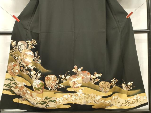 平和屋着物■豪華黒留袖　駒刺繍　飛鶴草花丸文　金彩　正絹　逸品　DABF6061zy