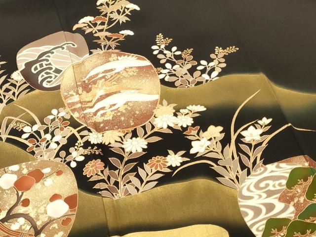 平和屋着物■豪華黒留袖　駒刺繍　飛鶴草花丸文　金彩　正絹　逸品　DABF6061zy