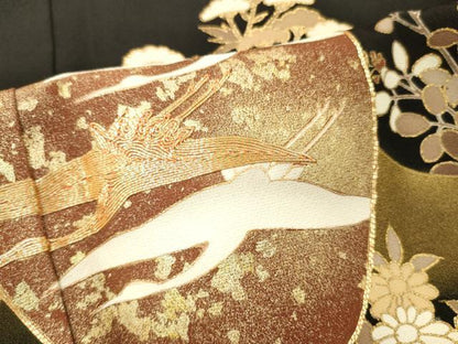 平和屋着物■豪華黒留袖　駒刺繍　飛鶴草花丸文　金彩　正絹　逸品　DABF6061zy
