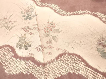 平和屋着物■訪問着　手描き　絞り　草花文　正絹　逸品　DABF6082zy