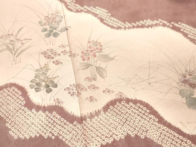平和屋着物■訪問着　手描き　絞り　草花文　正絹　逸品　DABF6082zy