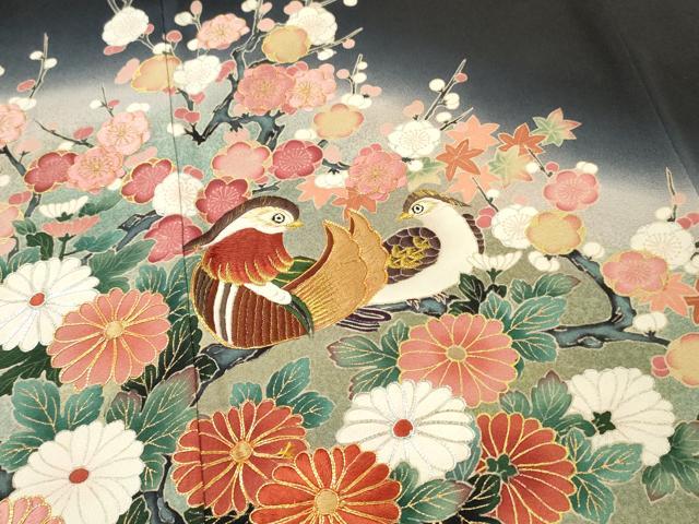 平和屋着物■豪華黒留袖　作家物　駒刺繍　鴛鴦草花　暈し染め　金銀彩　正絹　逸品　DABF6093zy