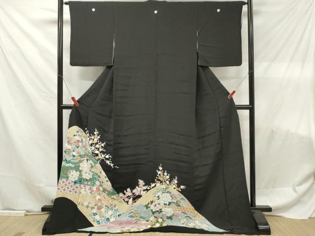 平和屋着物■豪華黒留袖　駒刺繍　遠山草花文　ロング丈　正絹　逸品　DABF6095zy