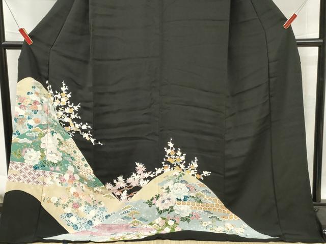 平和屋着物■豪華黒留袖　駒刺繍　遠山草花文　ロング丈　正絹　逸品　DABF6095zy