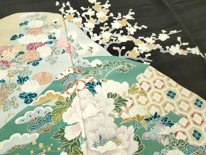 平和屋着物■豪華黒留袖　駒刺繍　遠山草花文　ロング丈　正絹　逸品　DABF6095zy