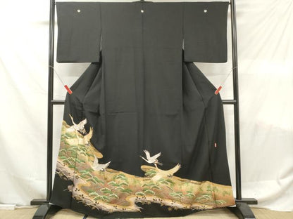 平和屋着物■豪華黒留袖　萬寿染　駒刺繍　飛鶴花松文　金彩　正絹　逸品　DABF6103zy