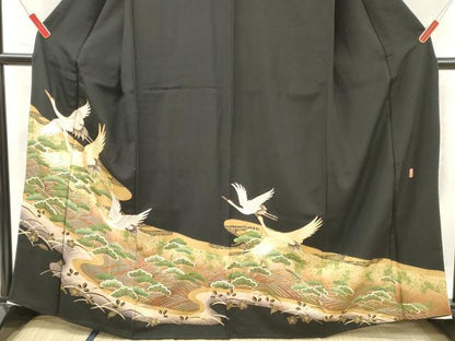 平和屋着物■豪華黒留袖　萬寿染　駒刺繍　飛鶴花松文　金彩　正絹　逸品　DABF6103zy