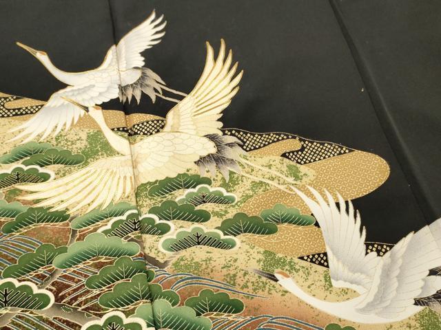 平和屋着物■豪華黒留袖　萬寿染　駒刺繍　飛鶴花松文　金彩　正絹　逸品　DABF6103zy