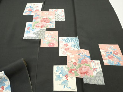 平和屋着物▼付下げ　反物　着尺　刺繍　色紙重ね草花文　黒地　逸品　未使用　DABF6193zy
