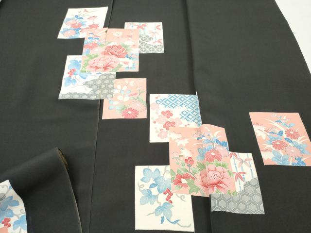 平和屋着物▼付下げ　反物　着尺　刺繍　色紙重ね草花文　黒地　逸品　未使用　DABF6193zy