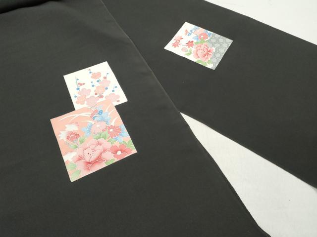 平和屋着物▼付下げ　反物　着尺　刺繍　色紙重ね草花文　黒地　逸品　未使用　DABF6193zy