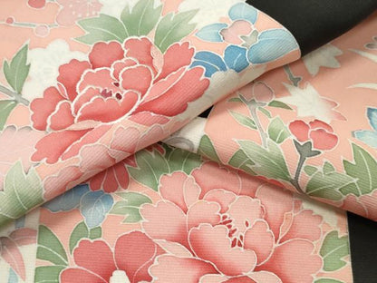 平和屋着物▼付下げ　反物　着尺　刺繍　色紙重ね草花文　黒地　逸品　未使用　DABF6193zy
